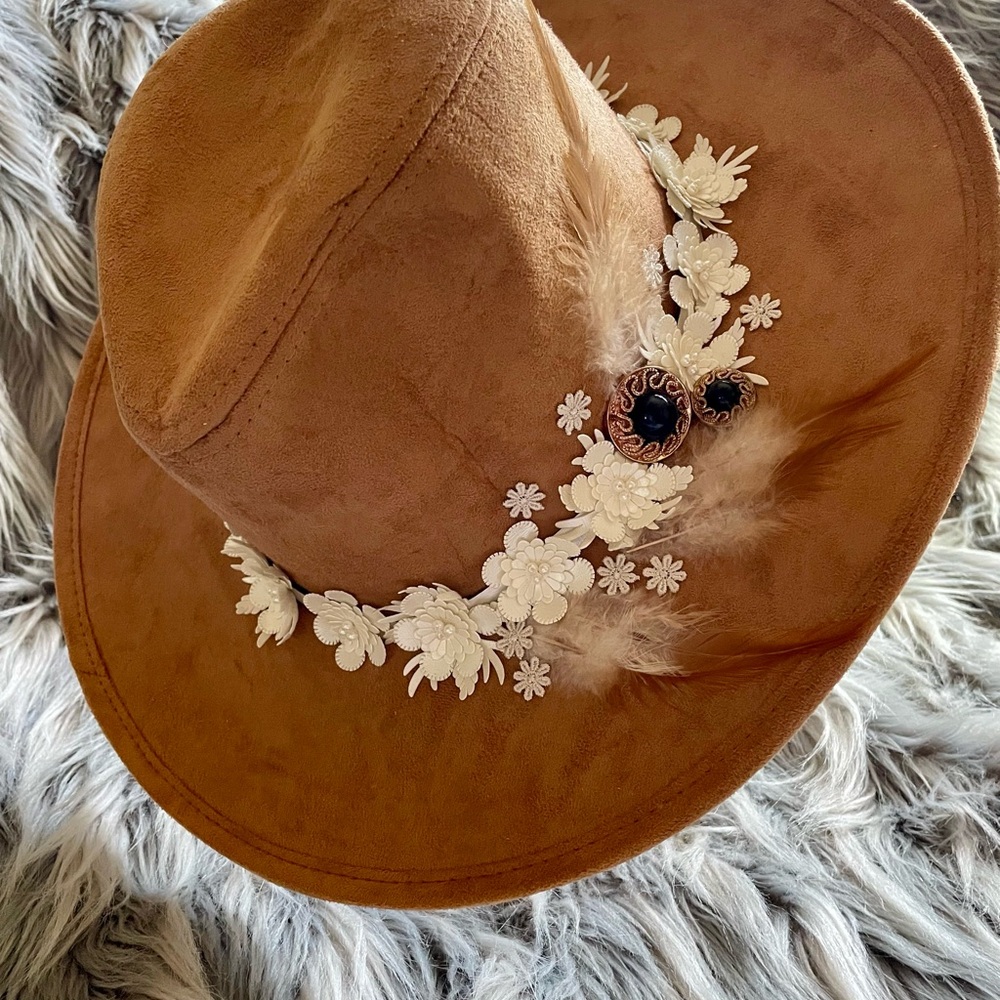 Elegant Tan Suede Women's Hat with Floral Accents